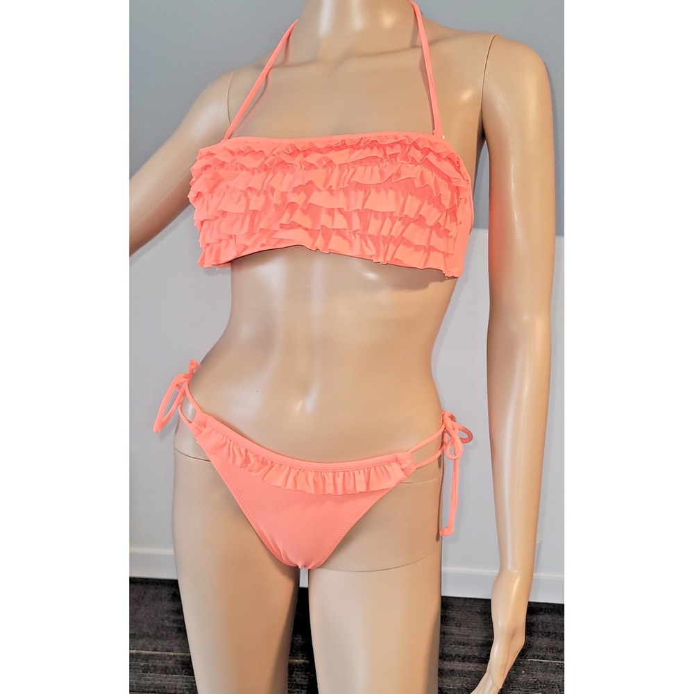 Woman Medium Orange‎ Ruffle Bikini Set Top/ Low Rise Bottom Removable Straps